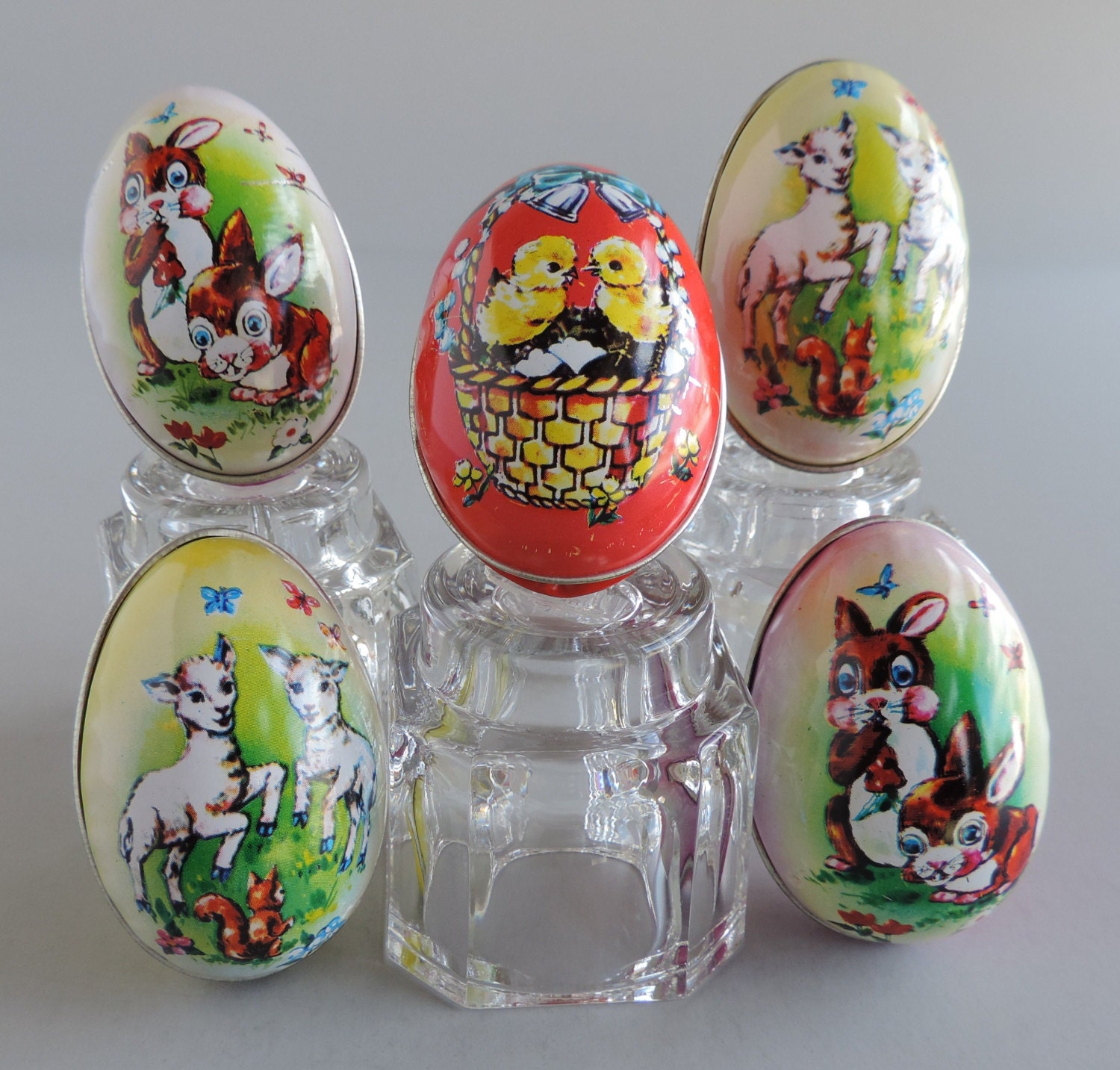 Vintage Retro Tin Litho Easter Eggs Set of 5 Small Metal Egg