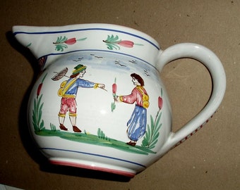 VINTAGE DERUTA PITCHER,Sberna hand painted ceramic Italy,flowers,people,red,blue,marigold,burgundyivory,brown,tableware