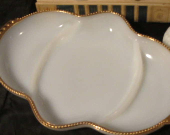 Vintage 1950's Fire King Oven Ware Milk Glass Divided Serving Dish / Tray With 24 K Gold Trim