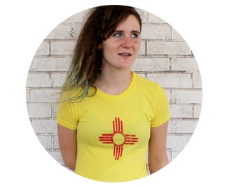 Zia Sun Symbol Graphic Tee Shirt, Hand Screenprinted Clothing, South Western, New Mexico, Arizona, Yellow Tshirt, Ladies, Native American