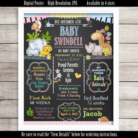 DIGITAL Baby Shower Poster, 8" x 10", 11" x 14", 16" x 20", 18" x 24", Baby Jungle Animals, Safari Animals, Pastels, Chalkboard Sign Il_570xn