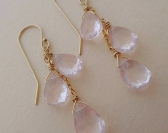 Pink gemstone earrings, pink and gold earrings, rose quartz earrings, pink quartz earrings, pink quartz dangle earrings, handmade