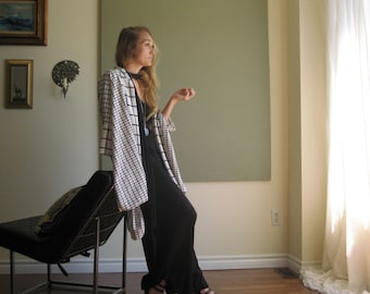 Boho Chic Oversized Cardigan Kimono Robe Sleeve Minimalist Boxy Sweater Ruana Wrap Shawl Collar Soft Lightweight- Black and White XS - L