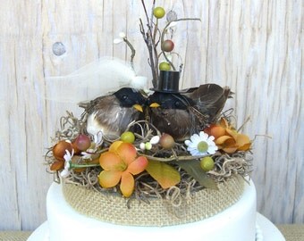 Fall Wedding Cake Topper, Lovebirds Rustic Nest, Bride Groom, Burlap, Woodland, Autumn, Birds