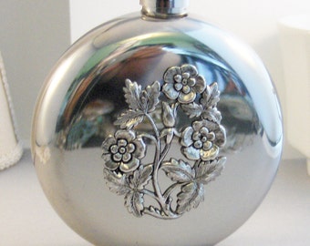 Floral Flask,Flower Accessories,Flower Flask,Floral,Round Flask,Hip Flask,Liquor Flask,STainless STeel,5 oz,Vintage Flask,Victorian Flask,