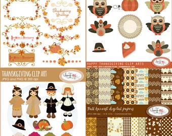 Thanksgiving clipart, digital frames, labels and digital papers bundle, Thanksgiving digital paper, B333