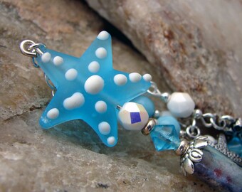 Ocean Blue Hair Stick Teal Aqua and Silver Sea Themed Hairstick Starfish Geisha Style Dangle Vacation Beach Hair Pin Hair Pick - Kai 3115
