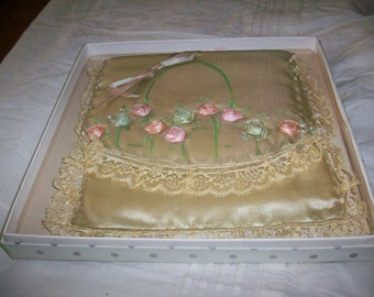 Antique keeper case for lingerie 1920s lovely colors silk lace ribbon work
