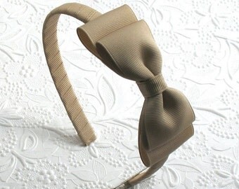 Girls Headband ~ Oatmeal / Beige / Tan / Light Khaki Bow on Hard Headband, School Uniform Headband, Bow Headband, Toddler Headband