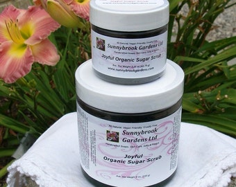 Joyful Organic Sugar Scrub, all natural, vegan friendly, handcrafted with therapeutic essential oils, two sizes perfect for gifts or travel
