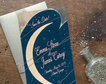 Save the Date, Save the Date Postcards, Art Deco Wedding Invitation, Moon and Stars Wedding, Star Wedding Invitation, Love You to the Moon