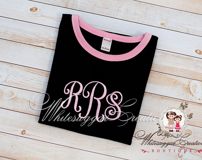 Girls Monogrammed Embroidered Shirt - Custom Personalized Shirt - Black and Pink Ringer Shirt