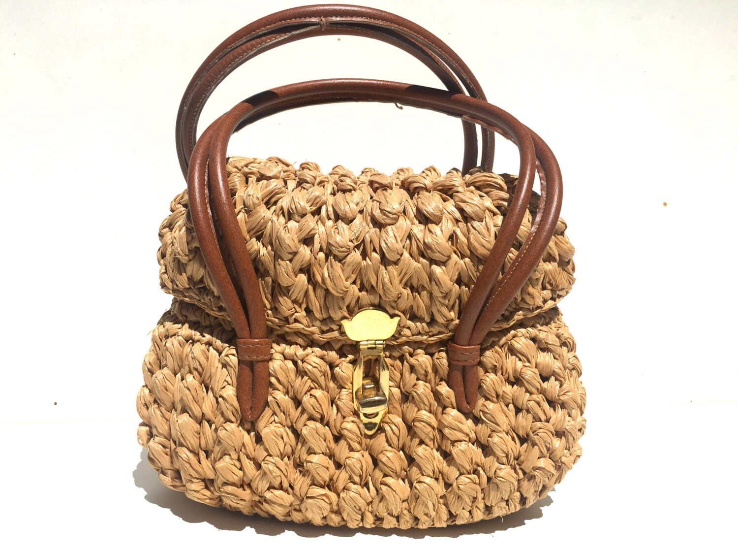 Straw Handbag Brown Handles Made in Italy Exclusively For Jana