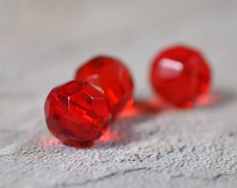 Red faceted glass beads, drilled, 10mm, #380