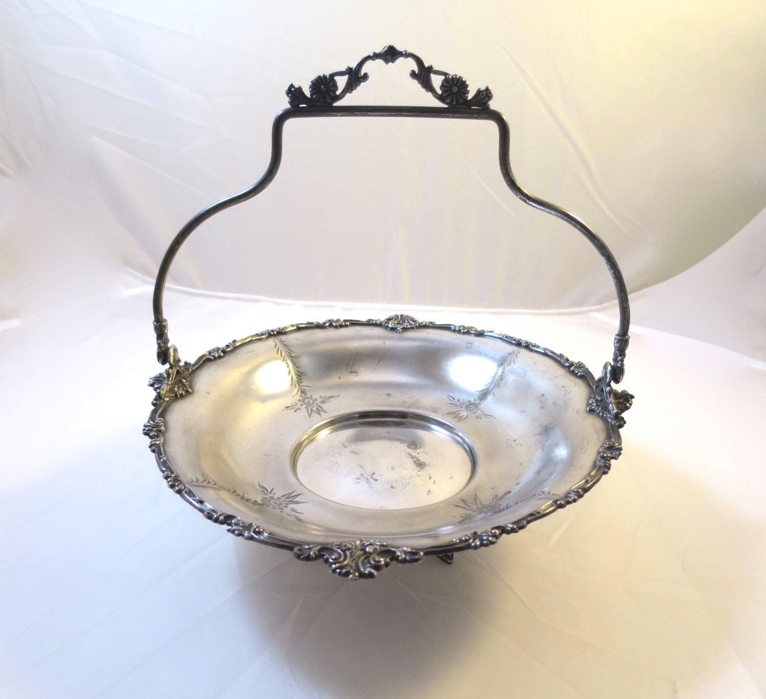 Antique Silver Basket w/ Handle Footed Victorian Engraved