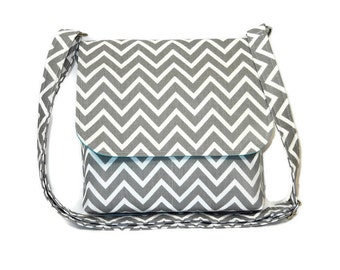 Gray Teal Bag, Small Messenger Purse, Crossbody Handbag, Gray Chevron Purse, Cross Body Purse, Cotton Pocketbook, Fabric Messenger for Women