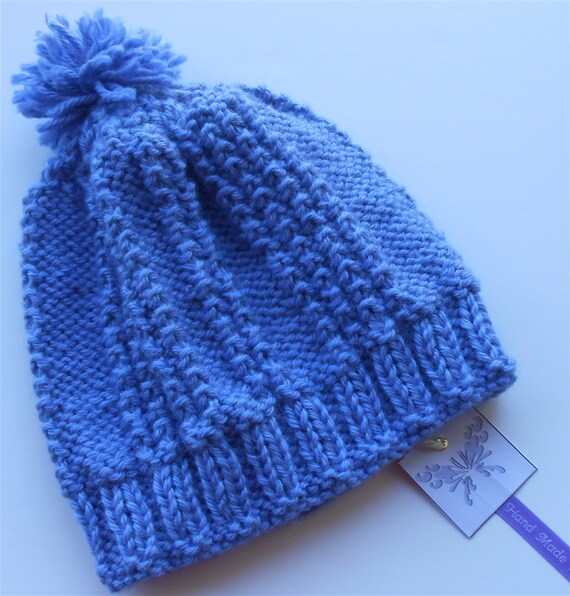 Blue Baby Pom-Pom Hat Hand Knit Slouchy Babies Hats ...