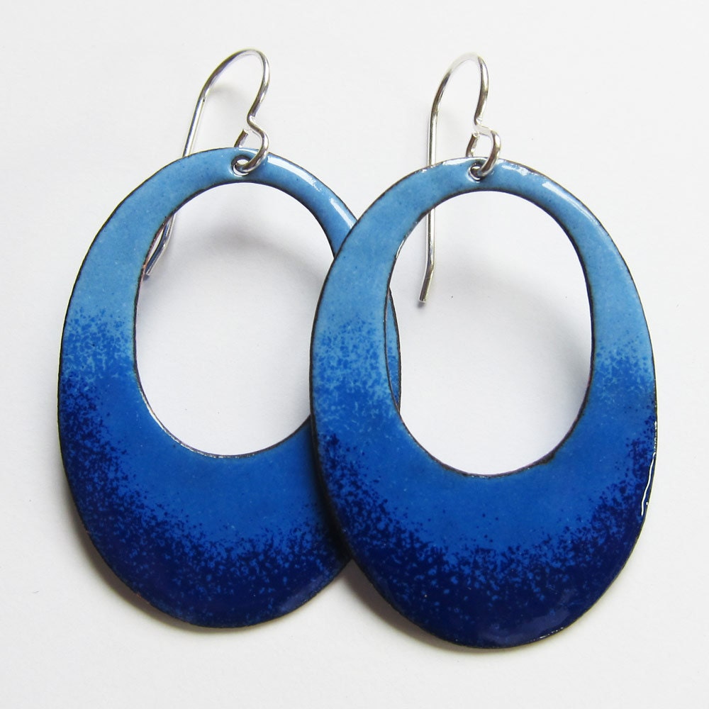 Blue oval dangle earrings Big royal blue enamel niobium hoop
