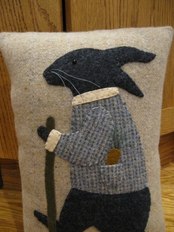 Primitive Folk Art Wool Applique Walking Rabbit Pillow 