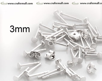 20 Sterling Silver Earring Posts with Nuts for Cabochons 3mm (10 pairs) - SZPTP3