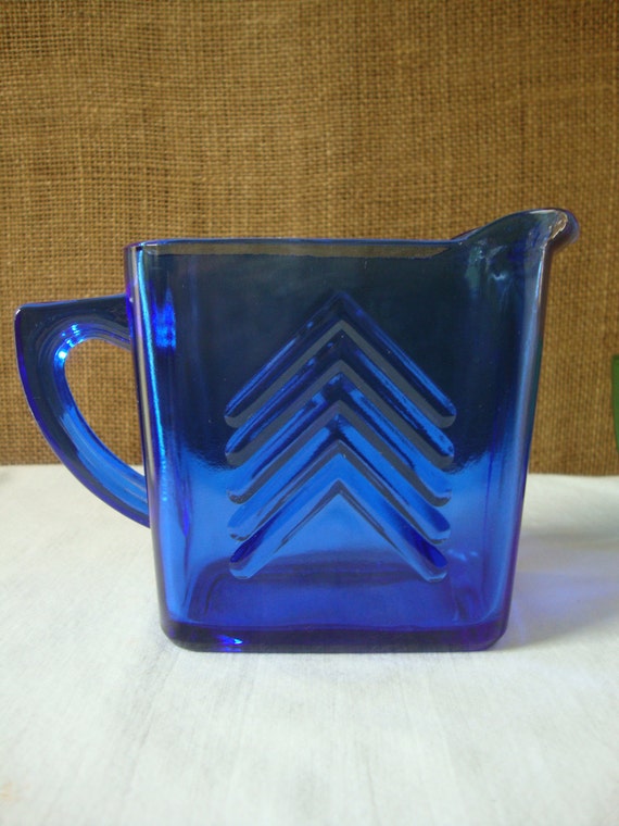 Vintage Cobalt Blue Milk Pitcher Art Deco Rectangular 2 Cup