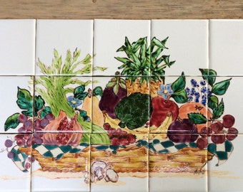 Tile mural Hand painted tile mural May sale Original  Hand painted Tile mural, Hand painted tile mural, Basket of fruit and  vegetables, kitchen backsplash, table top insert.