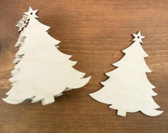 Wood Tree Ornaments Laser Cut Wood Trees with Star and Hole for Hanging 4" x 3 3/8" x 1/8" - 10 Pieces
