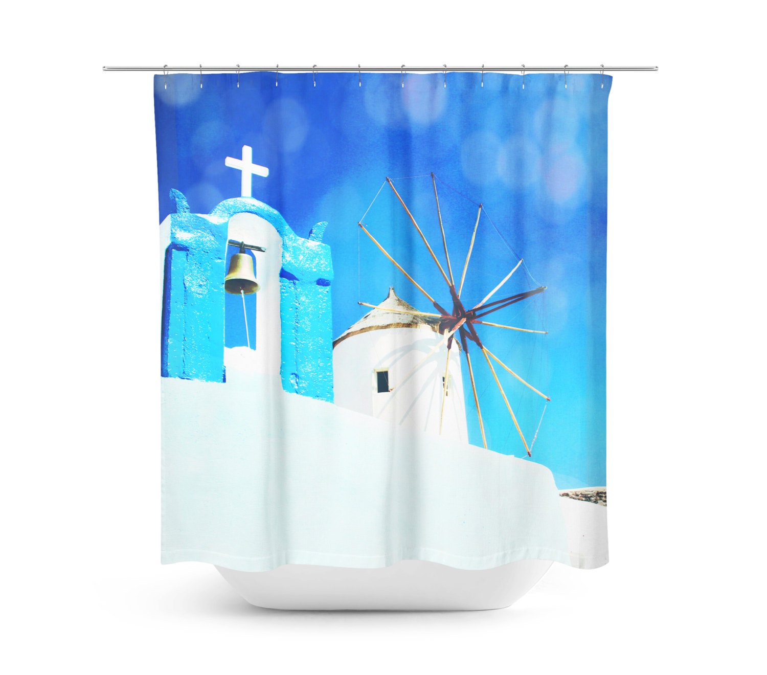 Greek Shower Curtain Santorini Photo Blue Home Decor