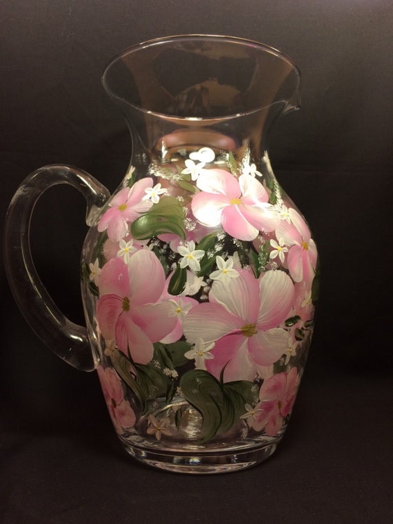 Hand Painted Glass Pitcher Spring Garden Pink