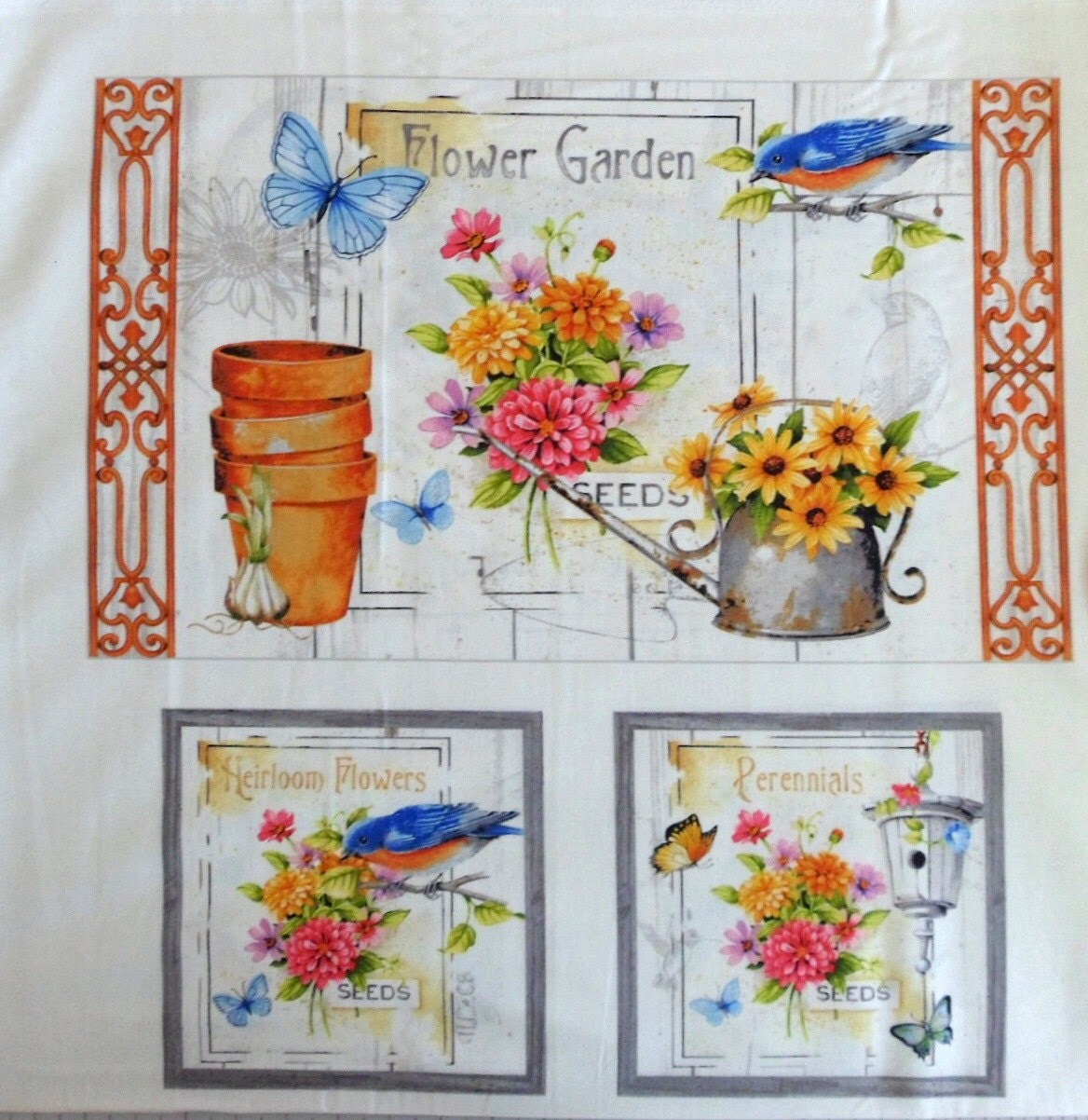 Flowers Fabric Flower Garden Fabric Panel Flowers Wheelbarrel