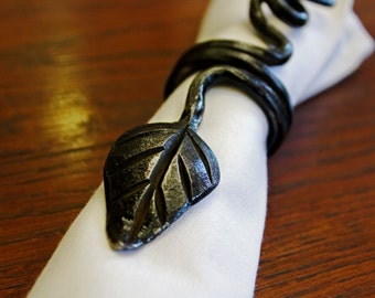 Set of 4, 6, 8 or 12 hand forged leaf napkin rings, napkin holder, forged by blacksmith