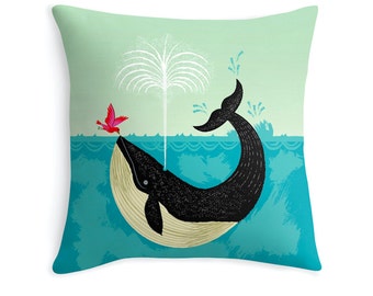 The Bird and The Whale - illustrated Cushion Cover / Throw Pillow Cover - Children's room - Home Decor - (16" x 16") by Oliver Lake