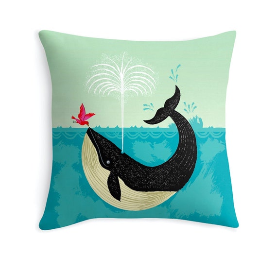 The Bird and The Whale - illustrated Cushion Cover / Throw Pillow Cover - Children's room - Home Decor - (16" x 16") by Oliver Lake