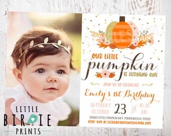 GOLD PUMPKIN BIRTHDAY Invitation Gold pumpkin first birthday invitation Girl Pink and Gold Pumpkin Invitation Glitter Pumpkin Invitation