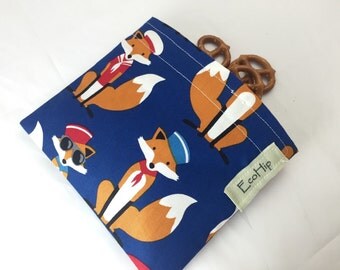 Reusable Snack Bag - Reusable Baggie - Foxes Snack Bag - Fabric Snack Bag - Reusable Fabric Snack Bag - Sailor Foxes in Navy