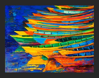 Modern artwork Boats3 26x20in Seascape Painting Original Art Impressionistic OIl on Canvas by Ivailo Nikolov