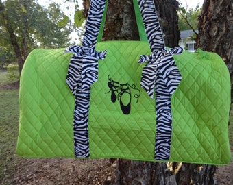 Personalized Duffle Bag-LIME GREEN and ZEBRA Dance Bag Ballet Bag Overnight Bag