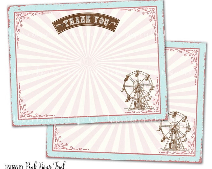 Pink Circus, Pink Country Fair Thank You Card, Instant Download, JPEG PDF, Print Your Own