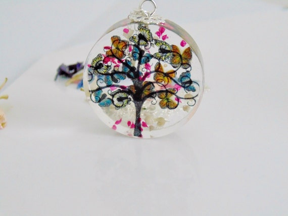 Blossom tree with butterflies resin pendant