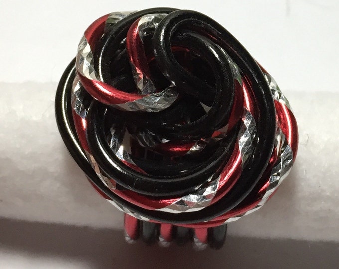 Red, Black, and Silver Statement Ring, Wire wrapped ring, Wire Rose Ring, Womens Statement Ring