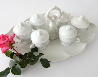 6 French Antique Porcelain Chocolate Pots on Server