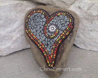 Mosaic Heart, Smoked Gray Heart, Mosaic Rock, Garden Stone, Home Decor, Gardener Gift, Garden Decor,