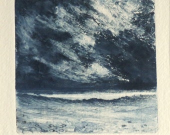 Original collograph print with drypoint elements ocean storm from the beach