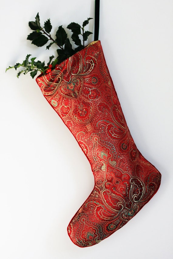 Paisley Christmas Stocking Red and Green Jewel Tones