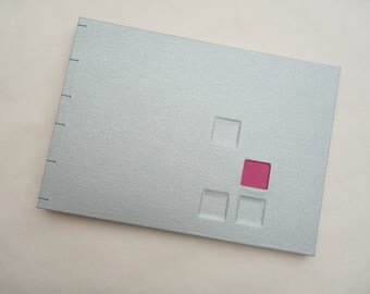 Silver, minimalist, photo, album, pink, grey pages, squares, cloth, metallic, coptic, A4