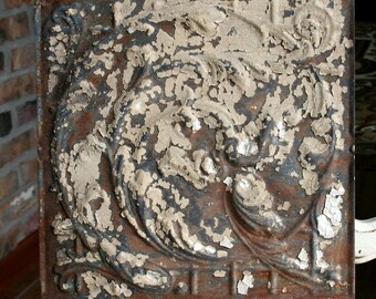 Genuine Antique Ceiling Tile -- 12"x12" -- Rusty Tan Paint -- Swirling Vines Design