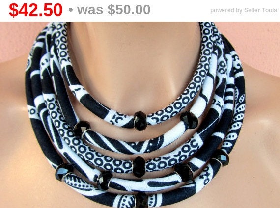 Black & White Batik Rubber & Fabric Necklace main image 1