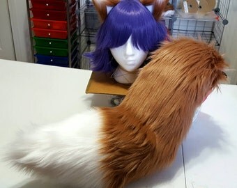 Copper Brown Fox Tail with White Tip and Matching Ears Set