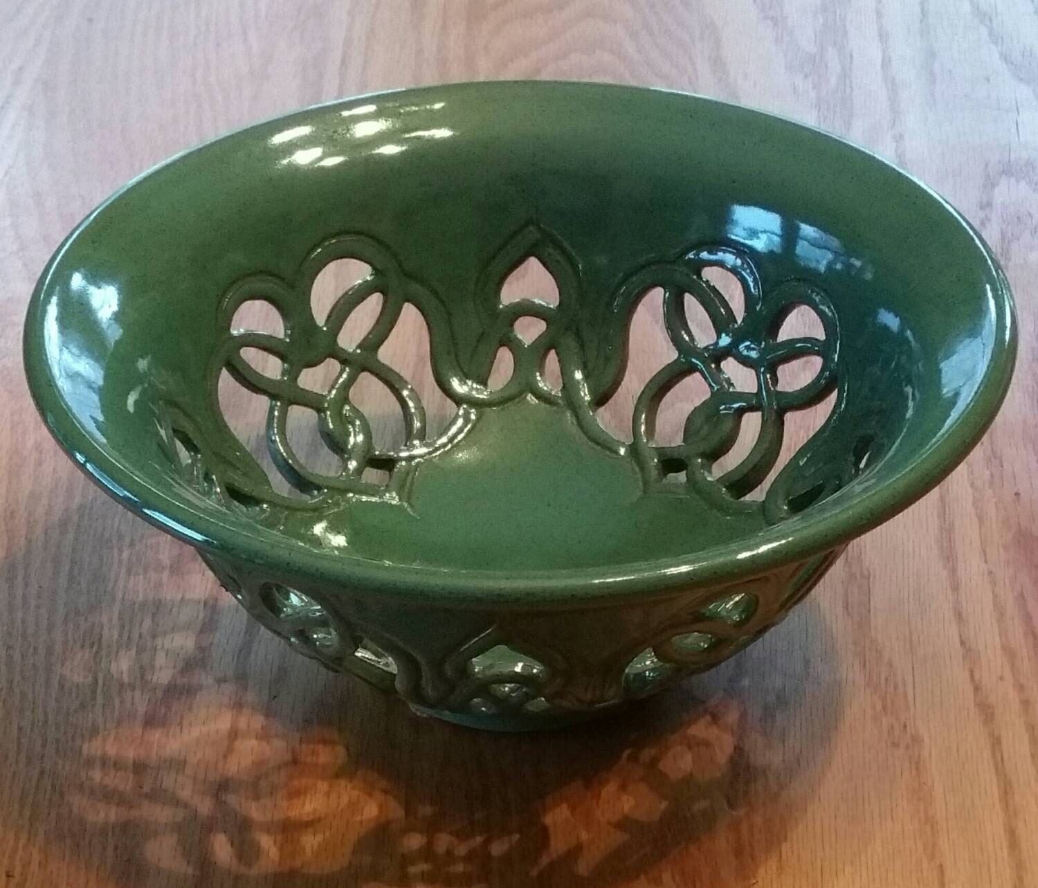 LARGE Green Celtic Carved Fruit Bowl NEW Handmade Ceramic