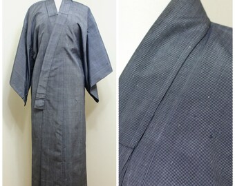 Japanese Vintage Kimono. Silk Woven Ikat Kasuri Robe. Blue Stripe. (Ref: 1150)